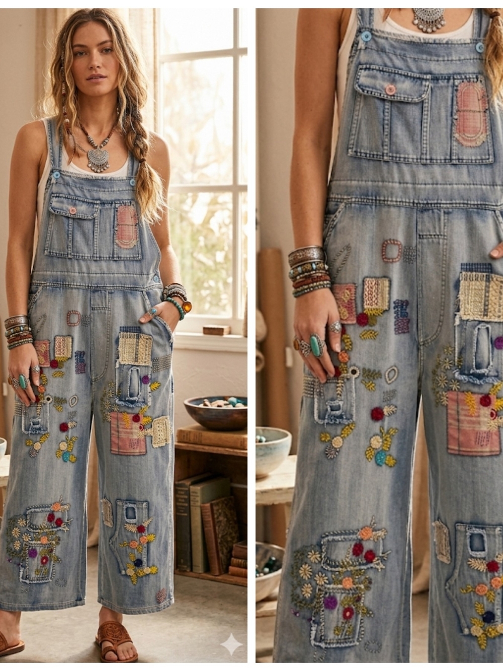 Boho Embroidered Denim Overalls Jumpsuit - Light Blue